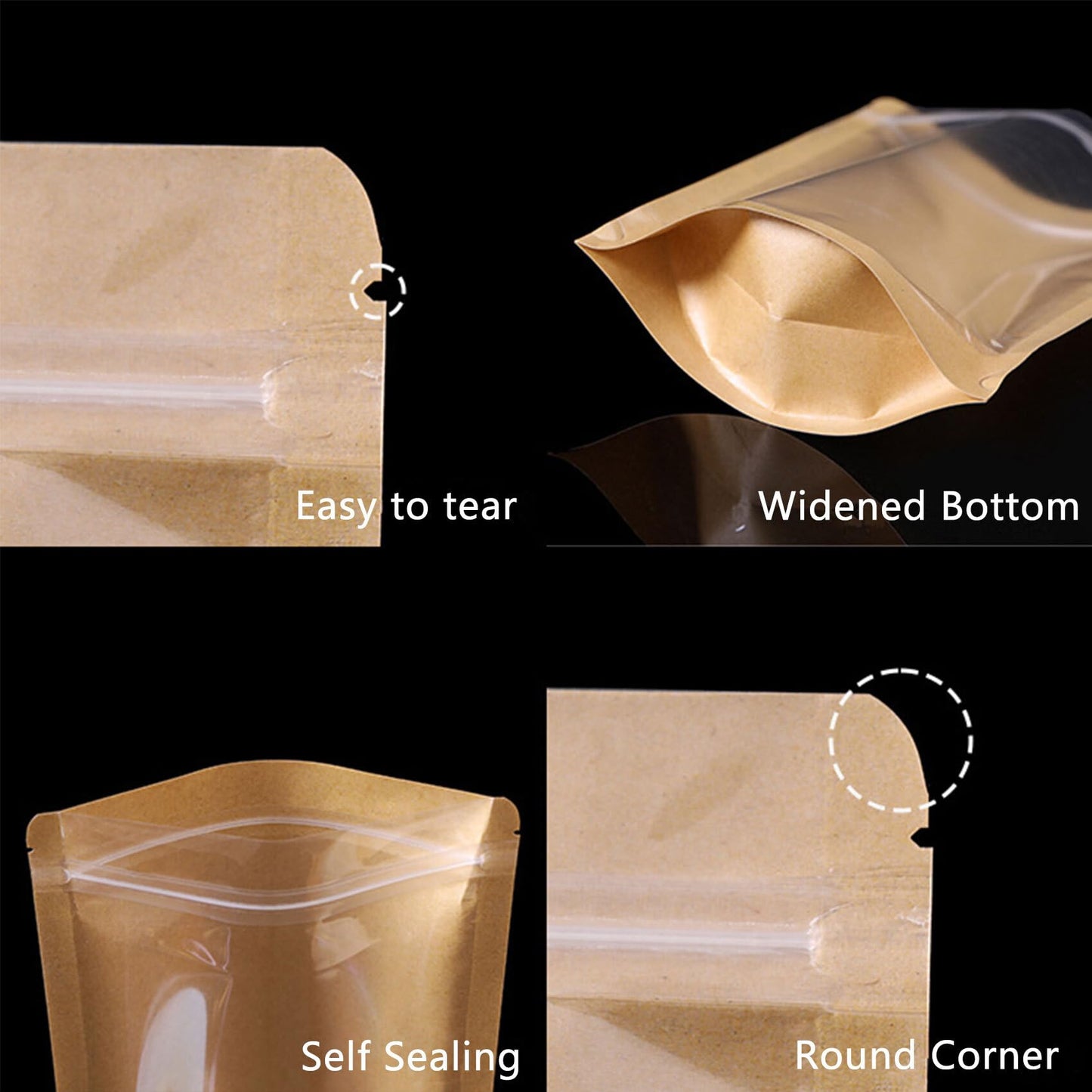 100 Pack Kraft Resealable Bags with Clear Front Stand Up Brown Kraft Bags with Window Transparent Bulk Pouches Ziplock Paper Bags 3.5"x5.5"