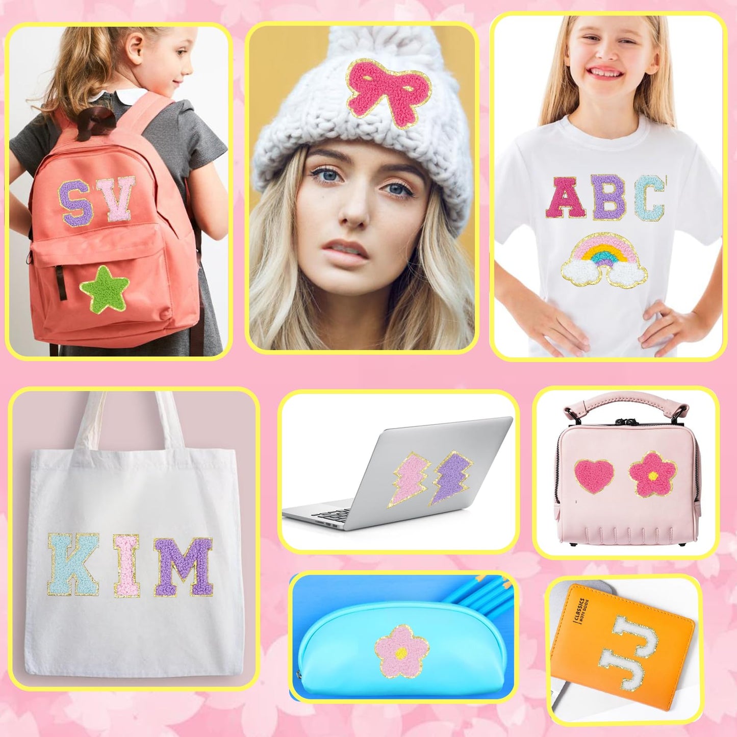 86 Pcs Chenille Letter Patches Self Adhesive Iron On Patches for Clothes,Include 52 A-Z Varsity Alphabet,34 Cute Pattern Chenille Patches for DIY Clothing,Bags,Hats,Embroidered Repair