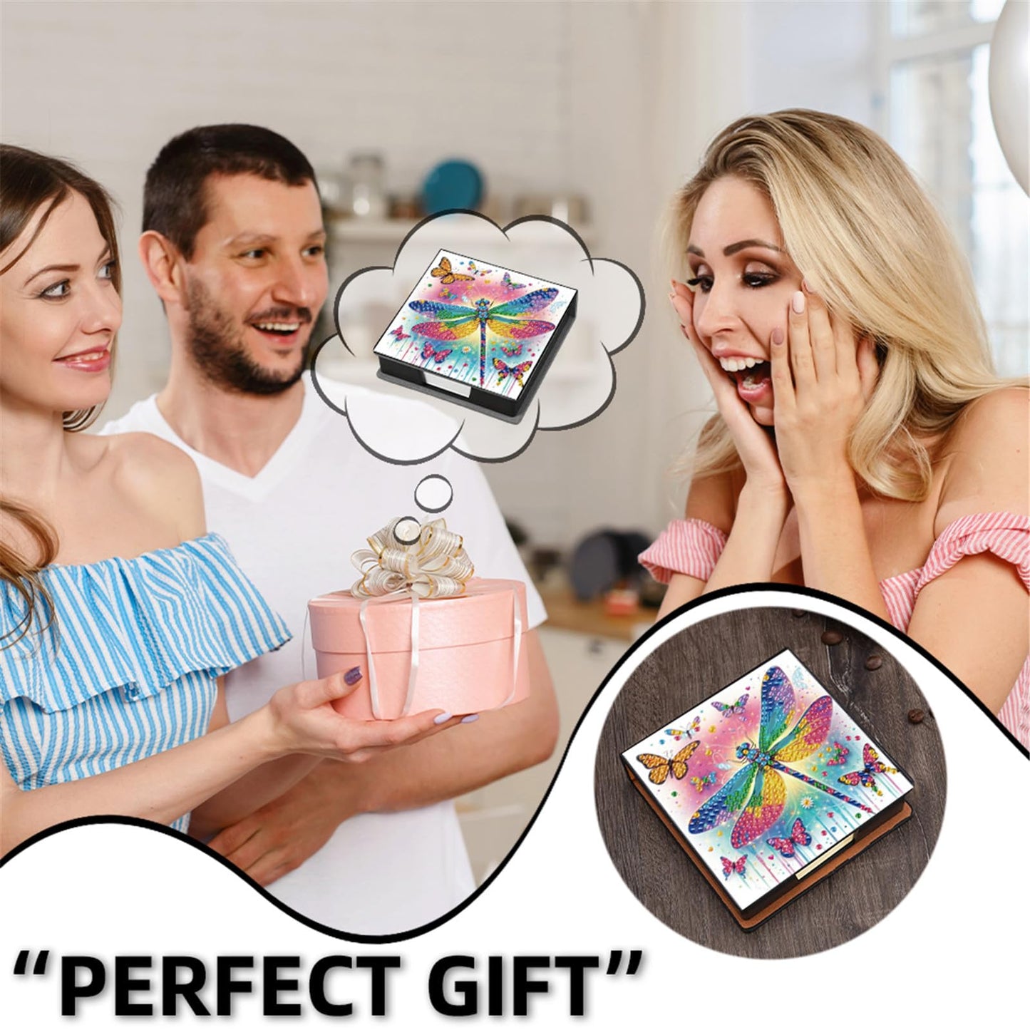 POETRYDRAW 5D DIY Diamond Art Painting Notecard Box Dragonfly– Memo Pad Sticky Note Holder with 160 Sheets, Gem Art Notecard Organizer for Adults