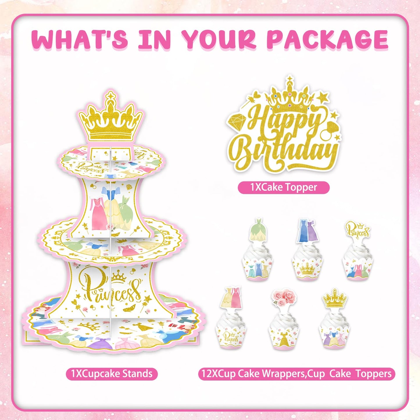 26Pcs Princess Dress Birthday Party Decorations Including Cake Stand Cupcake Wrappers Cupcake Topper Cake Topper