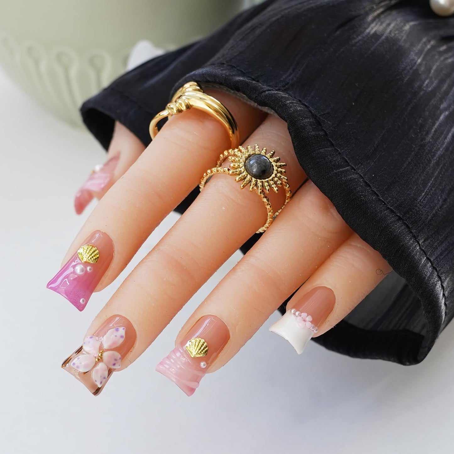 10pcs Handmade Press on Nails for Women - Medium Duck Curve 3D Thick Acrylic Fake Nails Reusable,Designer Floral Butterfly Rhinestones Bling Boho Funky Y2k Nail-art Set,M,pink floral