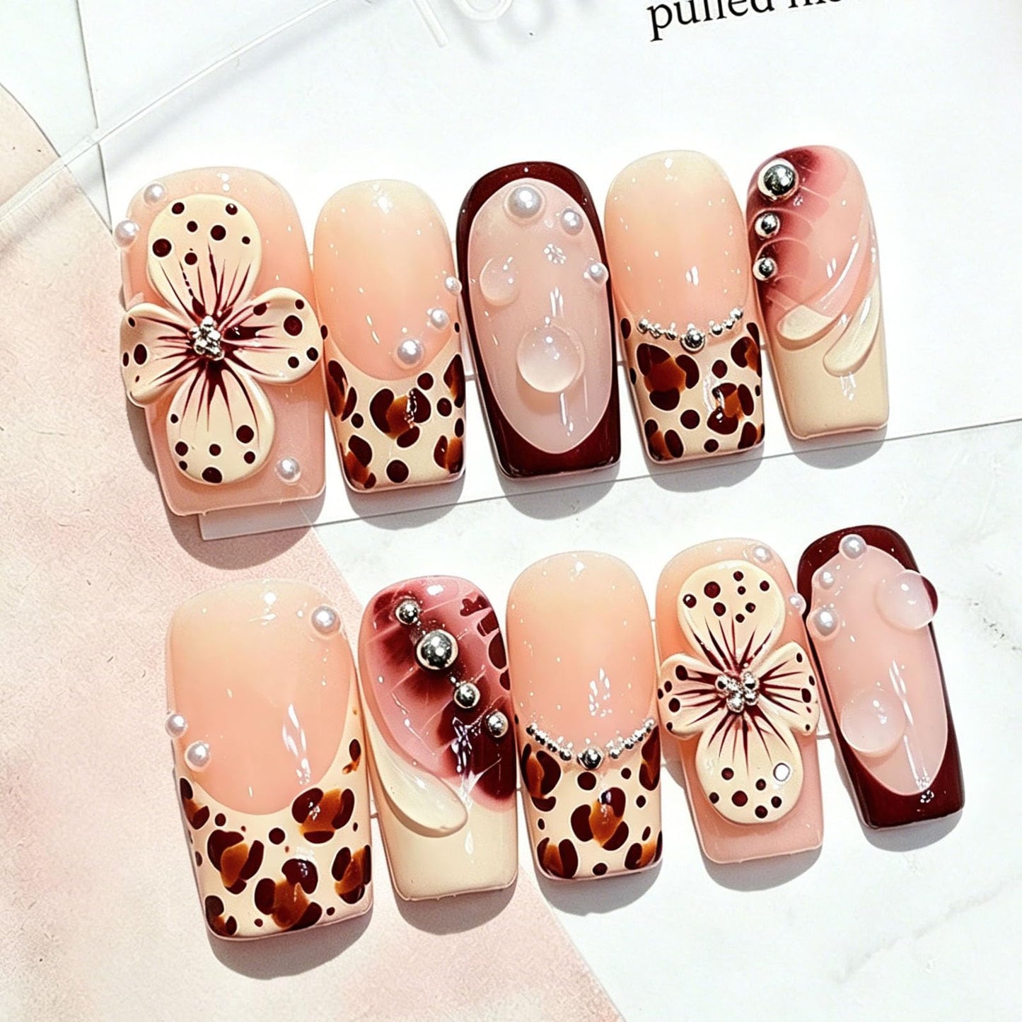 10 Pcs Handmade Press on Nails Medium Square Fake Nails with Brown Leopard Print French Tip Design 3D Flower False Nails Acrylic Nude Press Ons Nails Square M Size for Women Fall Manicure
