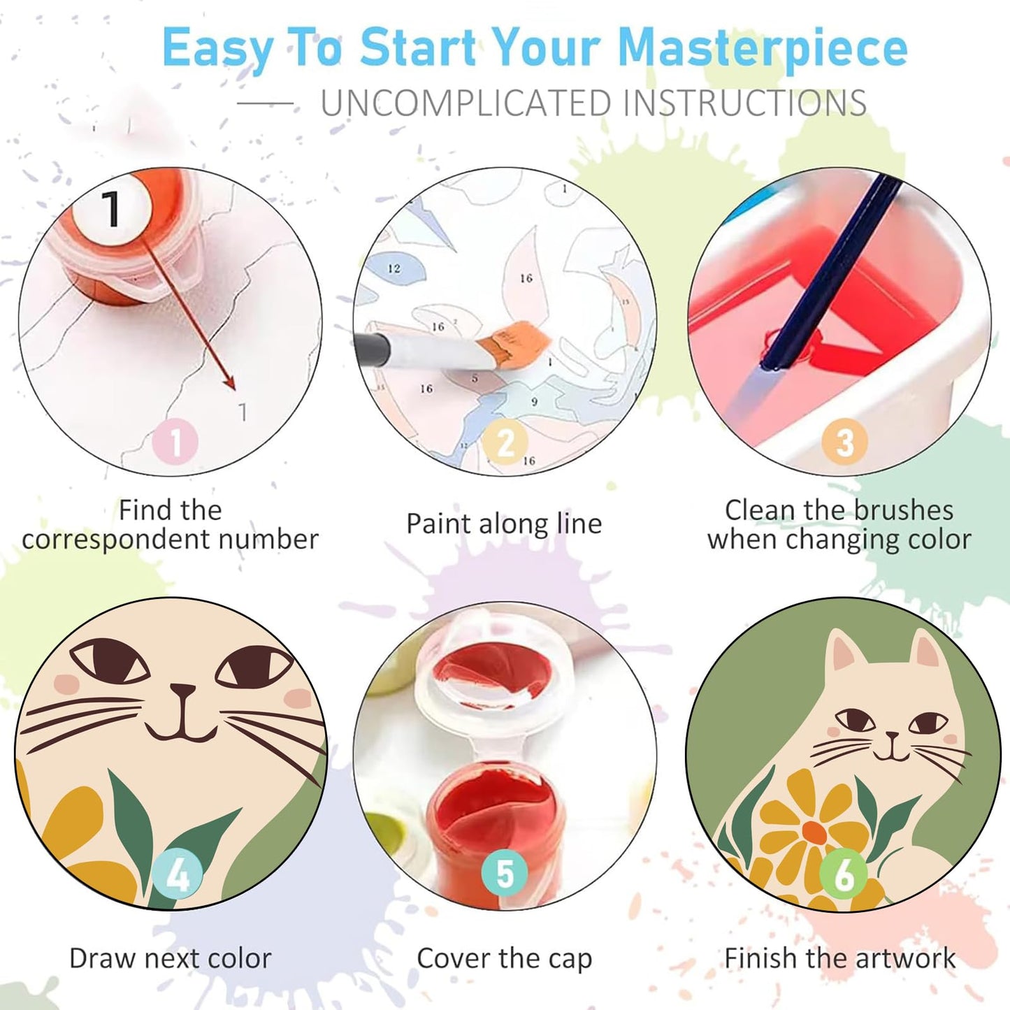 Jethami 6 Pack Paint by Numbers Kit for Adults Beginner, Easy Cute Cat DIY Painting Canvas Art Kit for Home Wall Decor 8x12 in