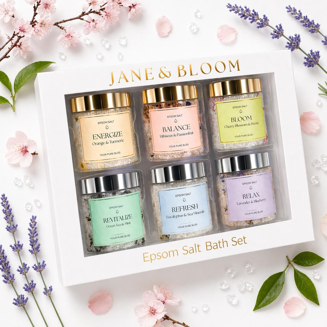 Epsom Salt Bath Gift Set – 6 Aromatherapy Blends with Essential Oils – Bath & Body Gift Set for Women, Stress Relief, Self Care, Birthday Gifts – Jane & Bloom