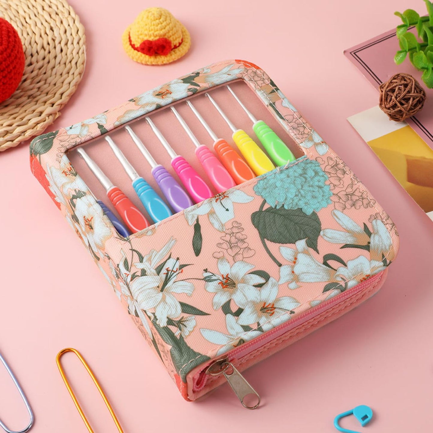 Dasonwin 60-Piece Ergonomic Crochet Hooks Set with Travel Case - Aluminum Crochet Needles Kit for Beginners & Experts, Arthritis-Friendly Design, Includes Stitch Markers & Accessories (Pink)