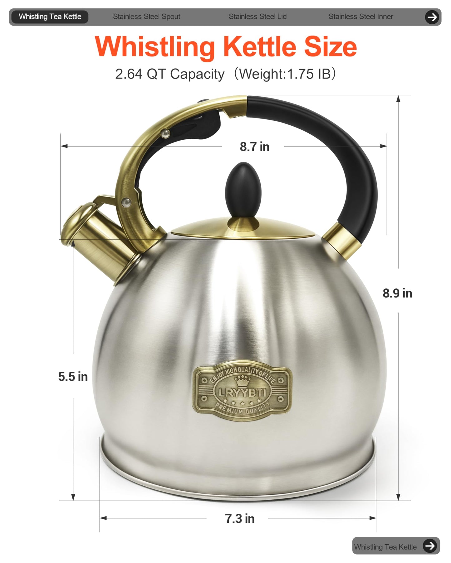 LRYYBTI Stove top Whistling Tea Kettle Food Grade Stainless Steel Teapot of 5-layer base for Camping & Kitchen(Brushed, 2.64 Qt)