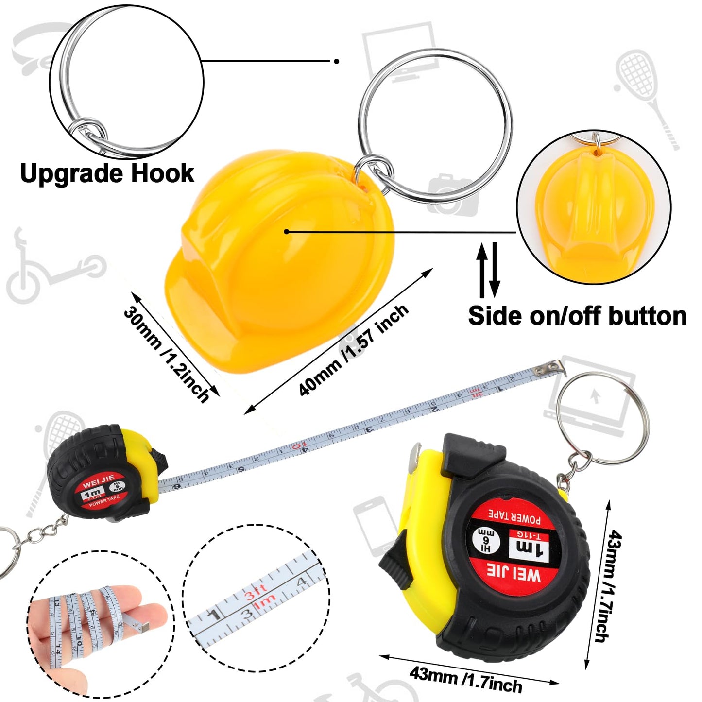Jutom 108 Pcs Mini Construction Helmet Keychains Tape Screwdrivers Tool Adult Men Gifts Bulk for Easter Egg Stuffers Father's Day Construction Party Favors Gifts