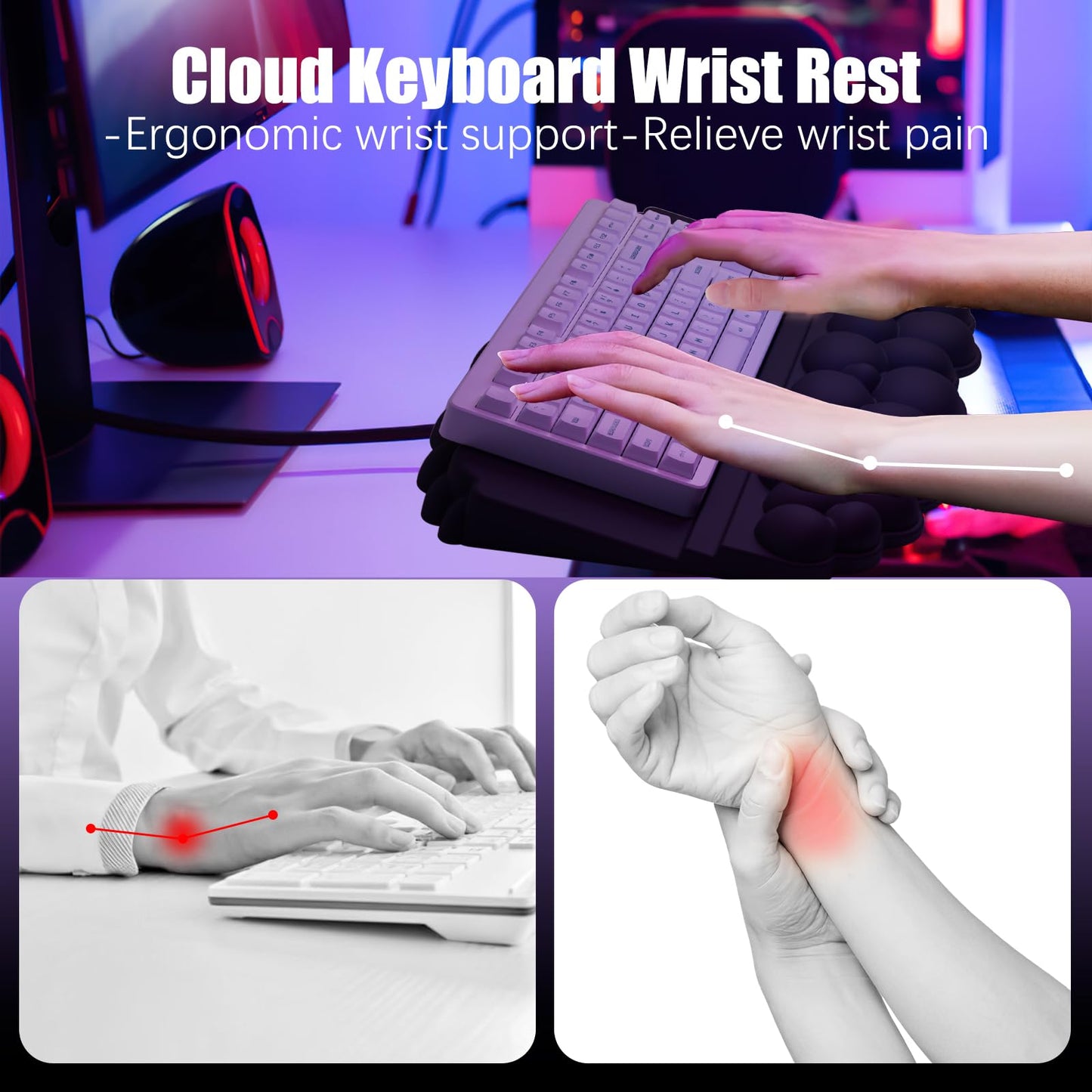 Ergonomic Wrist Rest for Keyboard and Mouse, Soft Memory Foam Cloud Keyboard Stand Pad with Wrist Rest Set with Non-Slip Silicone Base, Easy Typing, Pain Relief, Comfort for Office, Work, Gaming Black