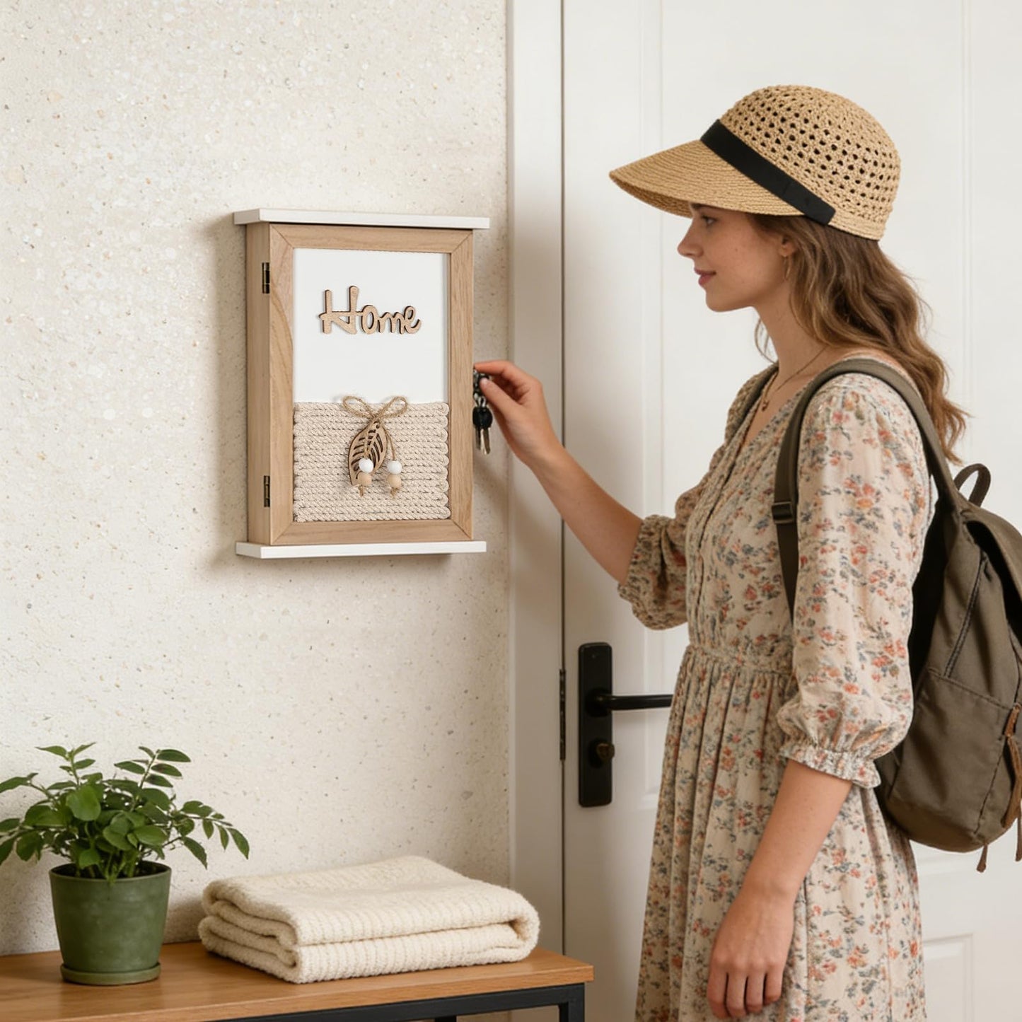 GMPAJHL Key Holder for Wall, Rustic Wooden Wall Mount Key Box with 6 Hooks, Farmhouse Key Storage Organizer Key Rack for Entryway Hallway Office, Boho Home Decor