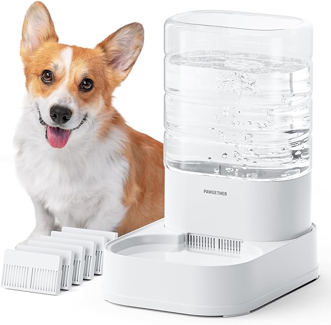 PAWGETHER Gravity Dog Water Bowl Dispenser with 6 pcs Filters 1 Gallon/3.78L Automatic Pet Water Dispenser for Dogs Gravity Water Bowl for Cats