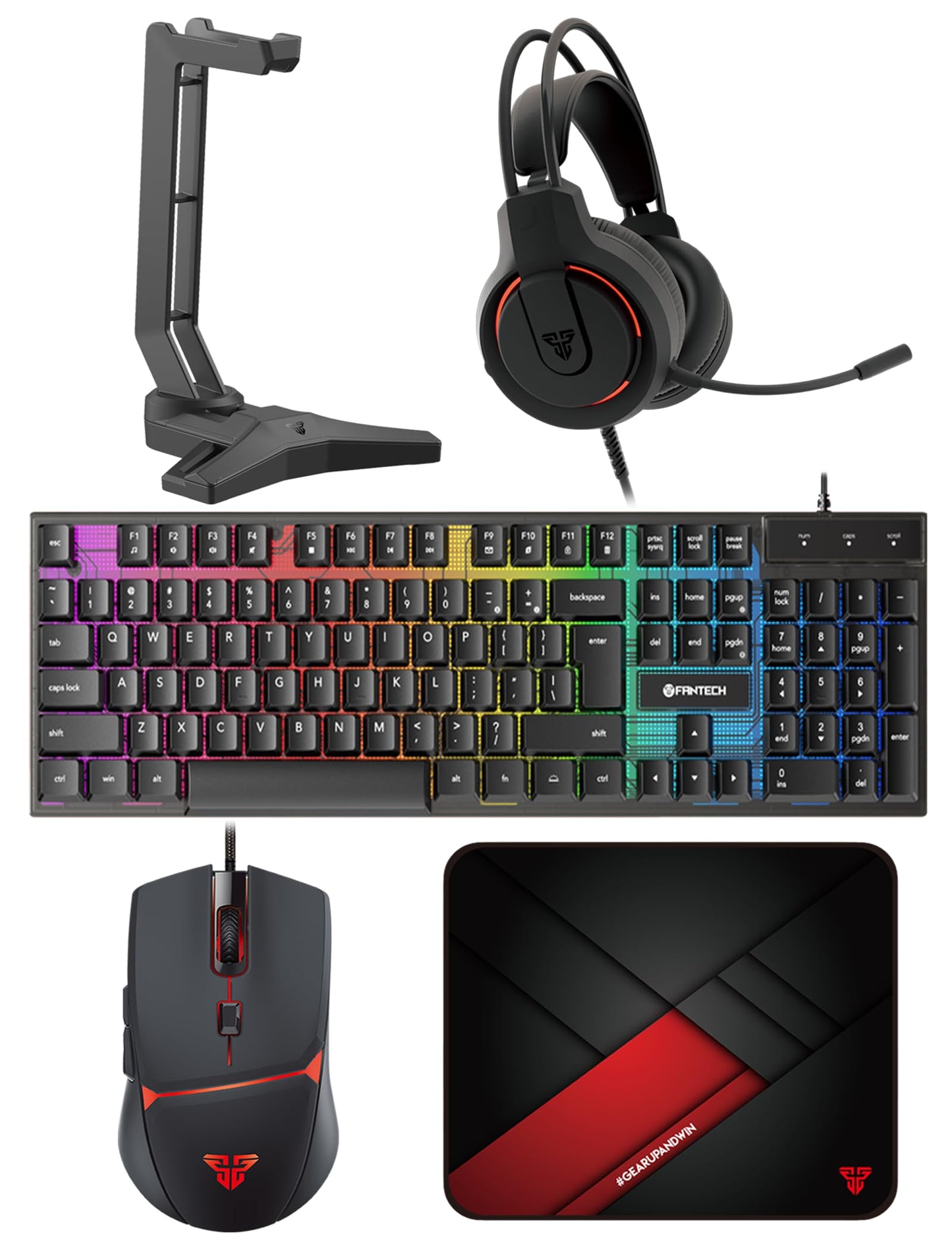 FANTECH P51S Gaming Keyboard and Mouse Combo, Headset and Stand, Mouse Pad Wired RGB Rainbow Keyboard PC Beginner Gamer Basic 5 in-1 Gaming Set