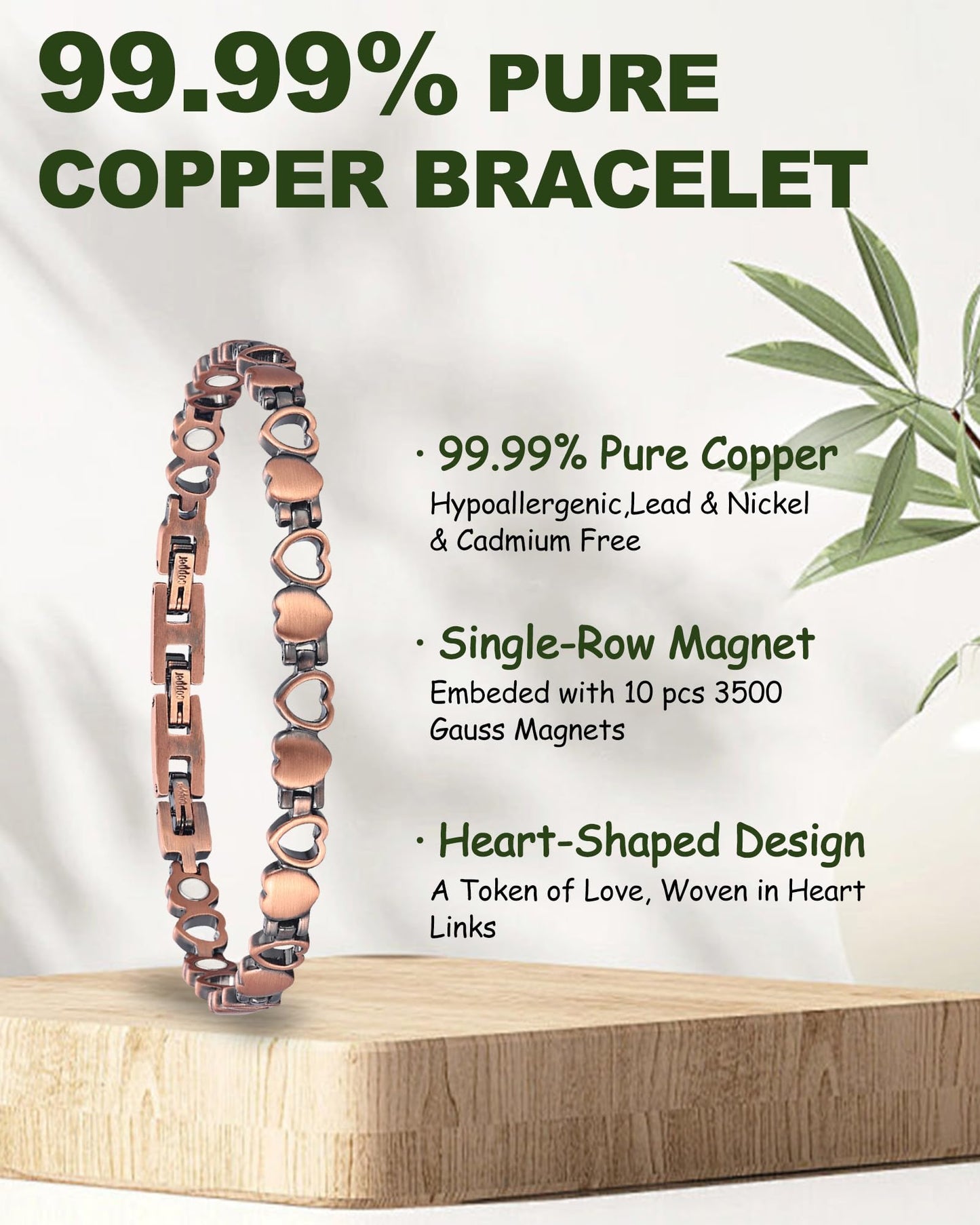 MagEnergy Copper Bracelet for Women, 99.99% Pure Solid Copper Bracelet with 3500 Gauss Magnetic, Adjustable, Jewelry Gift (Copper-Heart+Ring/A)