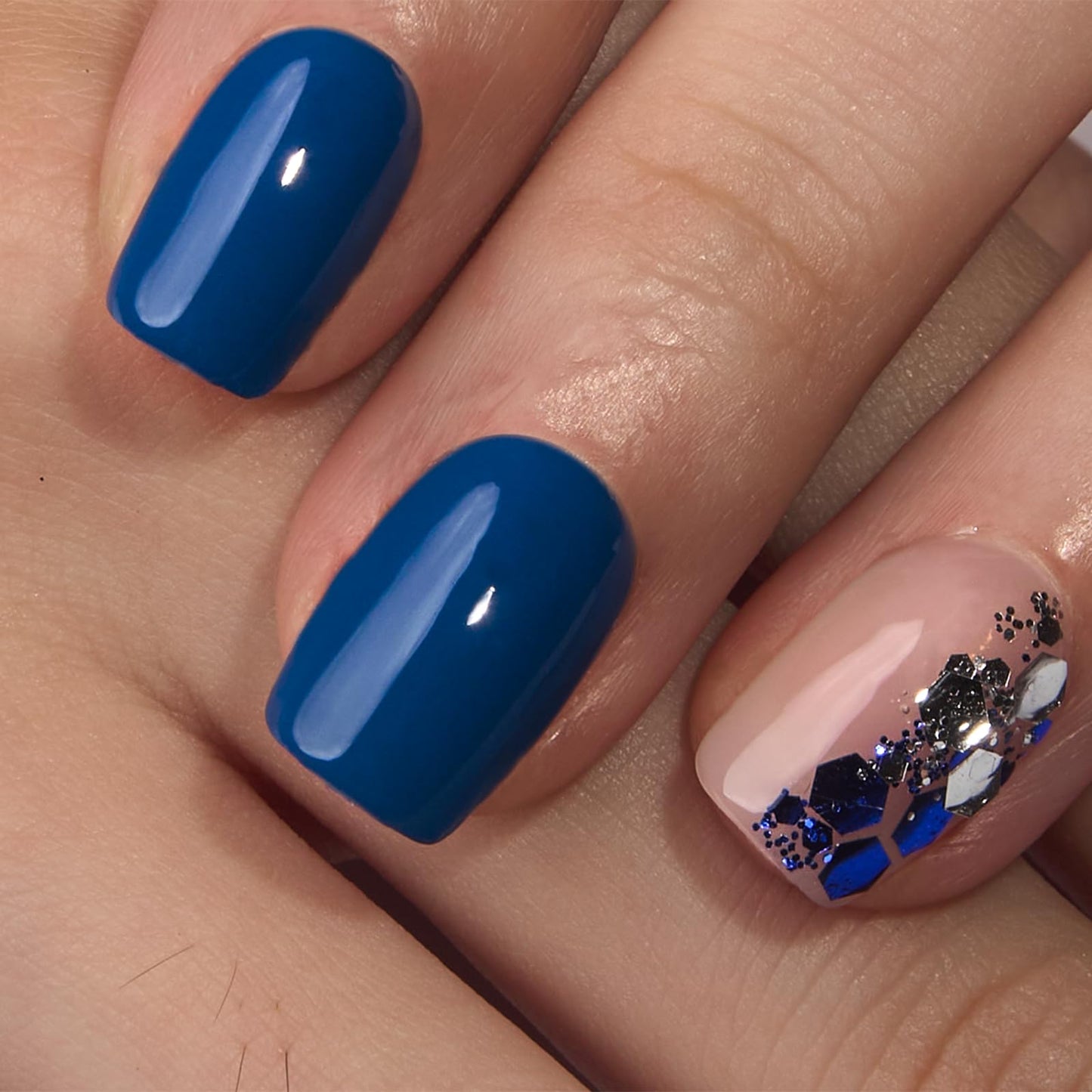 CurvLife Press On Nails Stick On Nails Deeping Blue Short Square Fake Nails Design Acrylic Nails Tips Glue On False Nails For Women