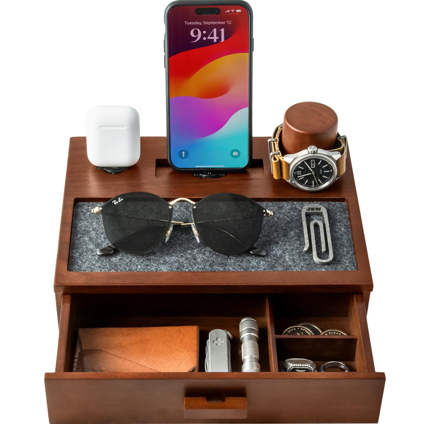 Holme & Hadfield Premium Wooden Phone Docking Station with Drawer – Nightstand Organizer for Charging Phone & Earbuds – Declutter Your Space with Felt-Lined Protection & Watch Pillar - Gift For Men