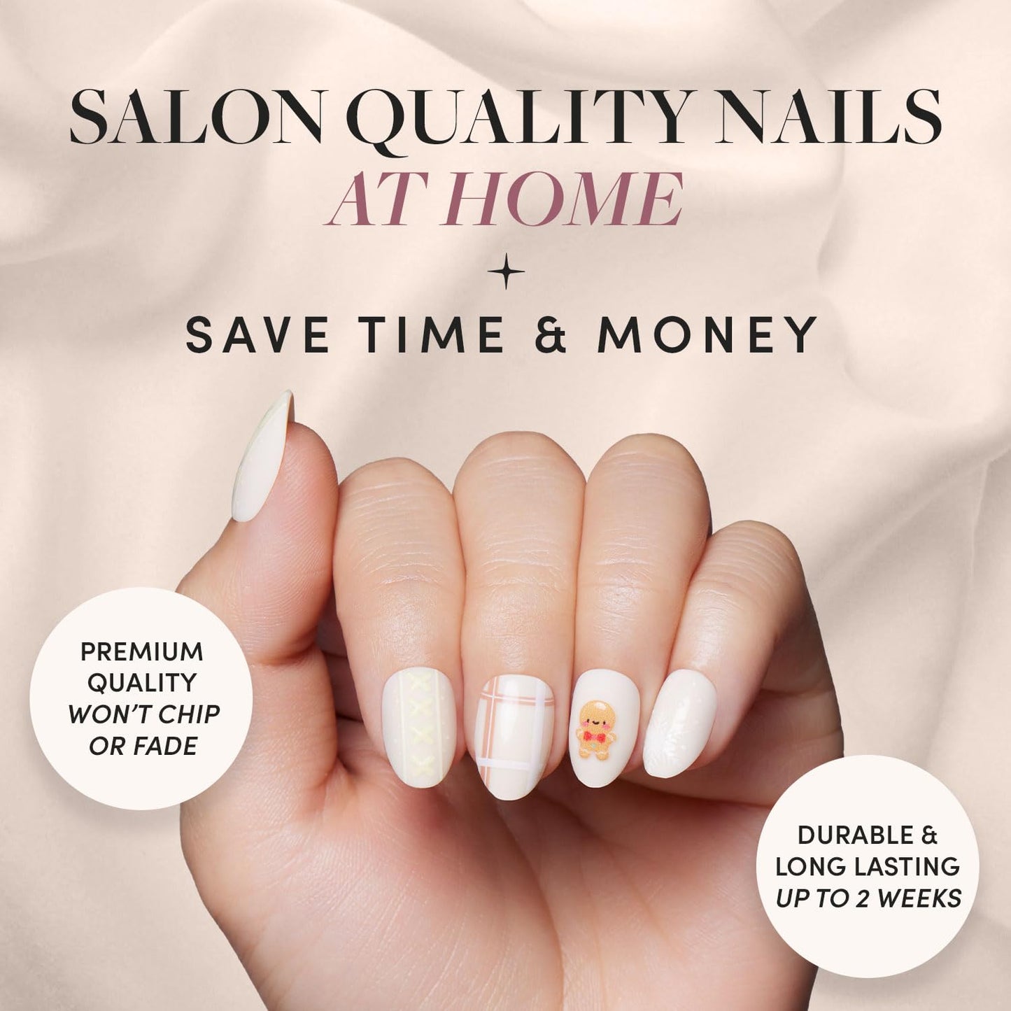 Glamnetic Press On Nails – Gingerbread Knit | Short Oval Fake Nails with 3D Gingerbread Sweater Design, Glossy & Matte Finish, Salon Quality Holiday Nails | 15 Sizes, 30 Nail Kit