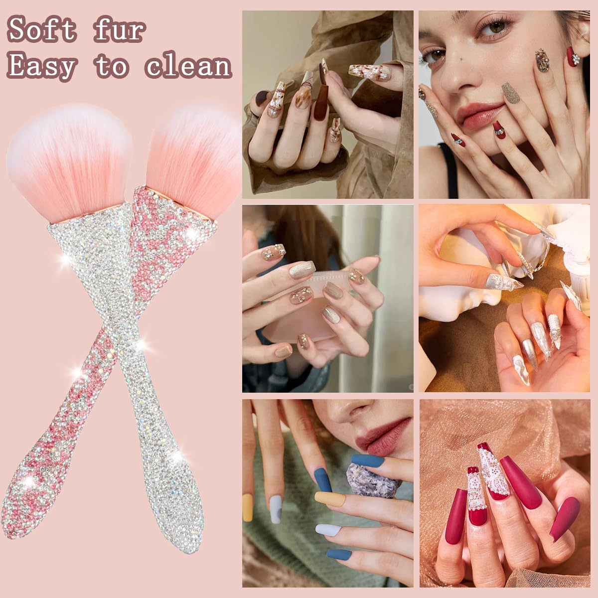 2 PCS Nail Art Dust Brush Shiny Rhinestone Fust Brushes Ultra Soft Nylon Dust Brush for Loose Face Cosmetics Blending Liquid Foundation Powder Make Up Brushes Cleaning Tools Shape Nail & Makeup Brus