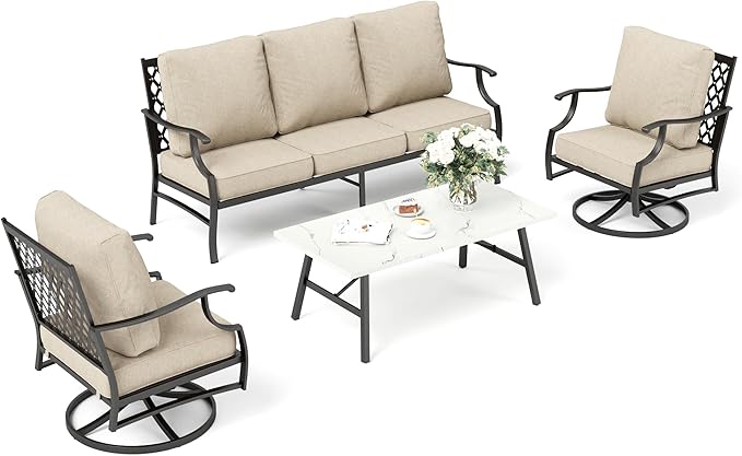 Patio Furniture Set, 4 Piece Modern Metal Outdoor Patio Furniture, 3 Seater Couch, 2 swivel Chairs, Coffee Table and 5.75" Extra Thick Cushion, Patio Conversation Set for Backyard Deck