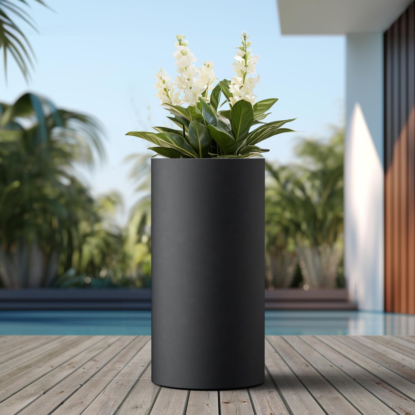 Kante 27.8 Inch Tall Concrete Planter, Large Round Cylindrical Plant Containers with Drainage Hole, Suitable for Indoor Outdoor Plants, Home Decor, Black