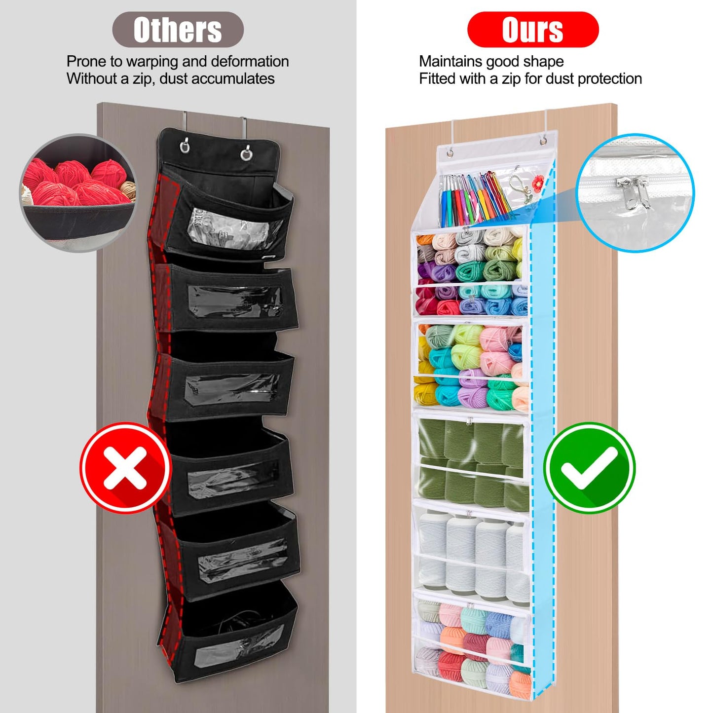 Hanging Yarn Storage Organizer, Large Capacity Knitting Organizer Storage with 6 Zipper Closure Compartments, Transparent Over Door Yarn Storage for Crochet Hook, Knitting Needles and Yarn Balls