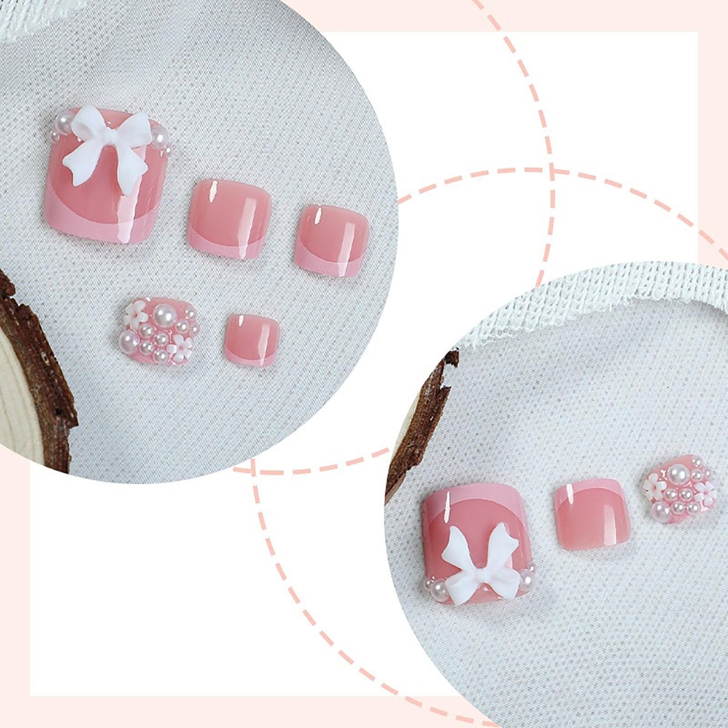 RUOKEXIN Short Press on Toenails Pink French Tip Fake Toenails with 3D Bow Pearl Designs Square Toe Nail Press ons Sparkly Artificial Nails for Women 24Pcs