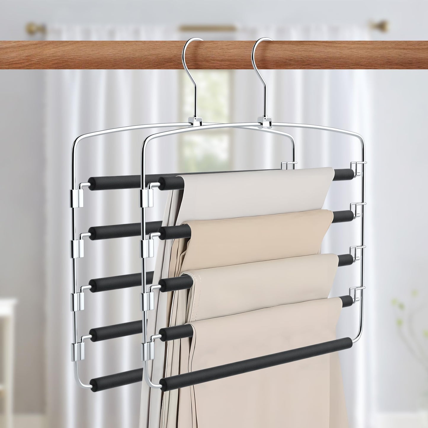 Cycleacc Pants Hangers Space Saving, 2 Pack Anti-Slip Space Saving Hangers, 5 Layer Swing Arm Pants Hanger Stainless Steel with Non-Slip Padding, Closet Organizers & Storage for Pants Trousers Jeans
