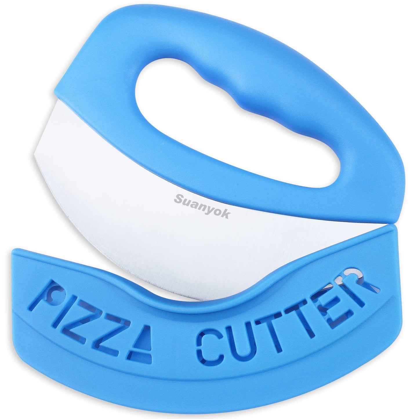 Suanyok Premium Pizza Cutter Food Chopper-Super Sharp Blade Stainless Steel Pizza Cutter Rocker Slicer with Protective Sheath Multi Function Pizza Knife Kitchen Tools,Dishwasher Safe (Blue)