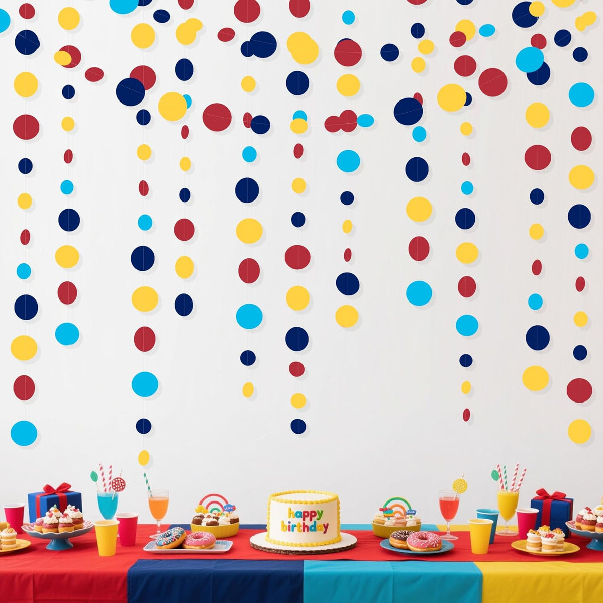 Red Blue Yellow Party Decorations Circle Dots Garland Hanging Paper Polka Dot Streamer for Carnival Circus Clown Fiesta Festivals Birthday Wedding Bridal Shower Wedding Baby Shower Party Supplies