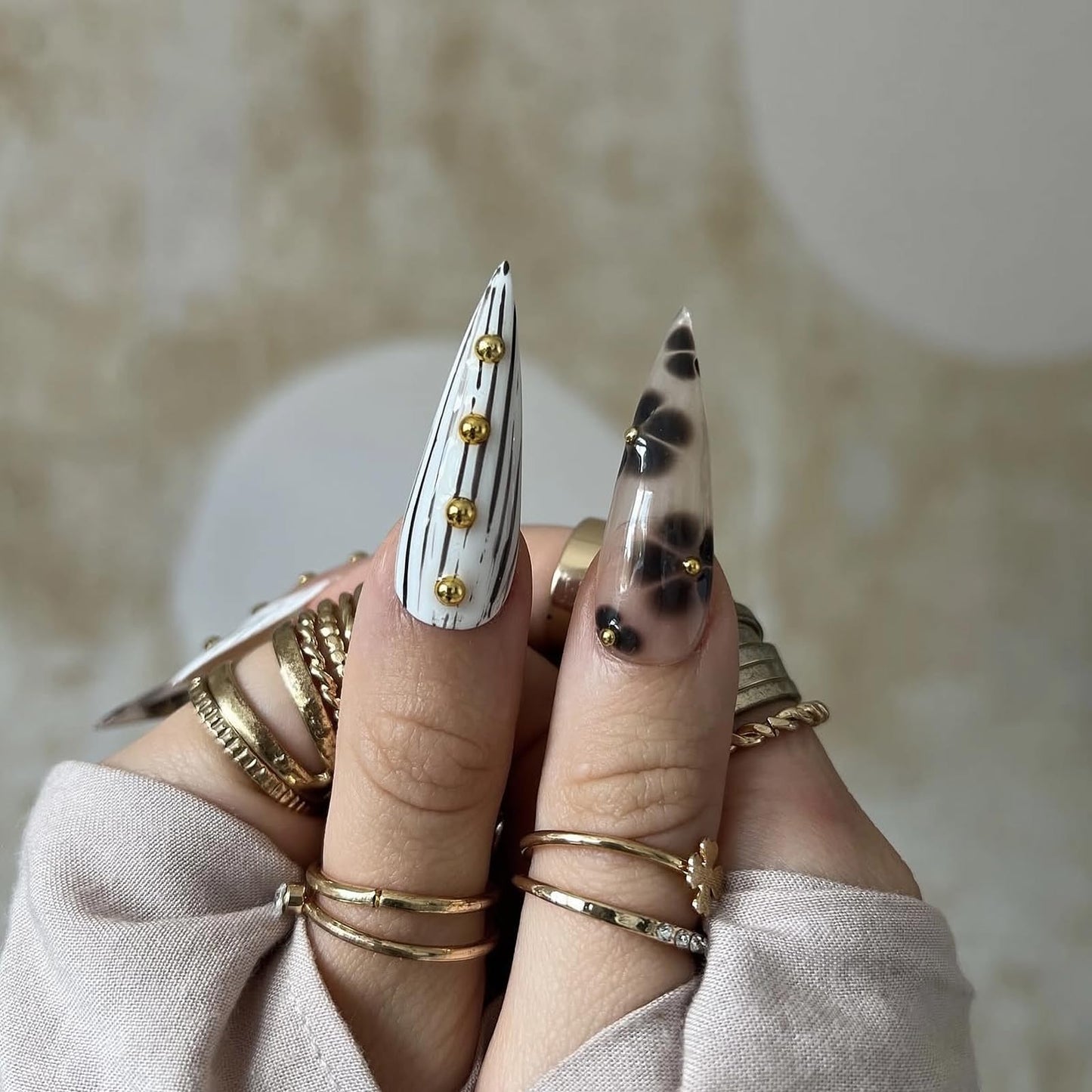 MISUD Press on Nails - Long Stiletto Fake Nails with Black White, Acrylic Handmade Gold Bead Design 24 pcs