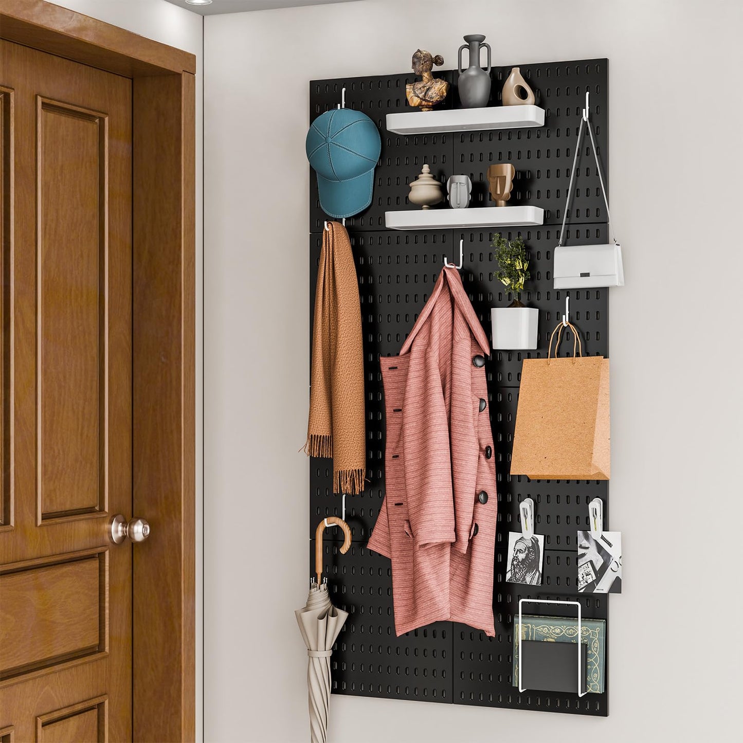 RIVTUN Pegboard Combination Kit for Wall Organizer, Wall Mounted Peg Board Kits for Kitchen, Bedroom, Office, &Bathroom, 4 Pieces Black Pegboards and 14 Accessories, 22" x 22"
