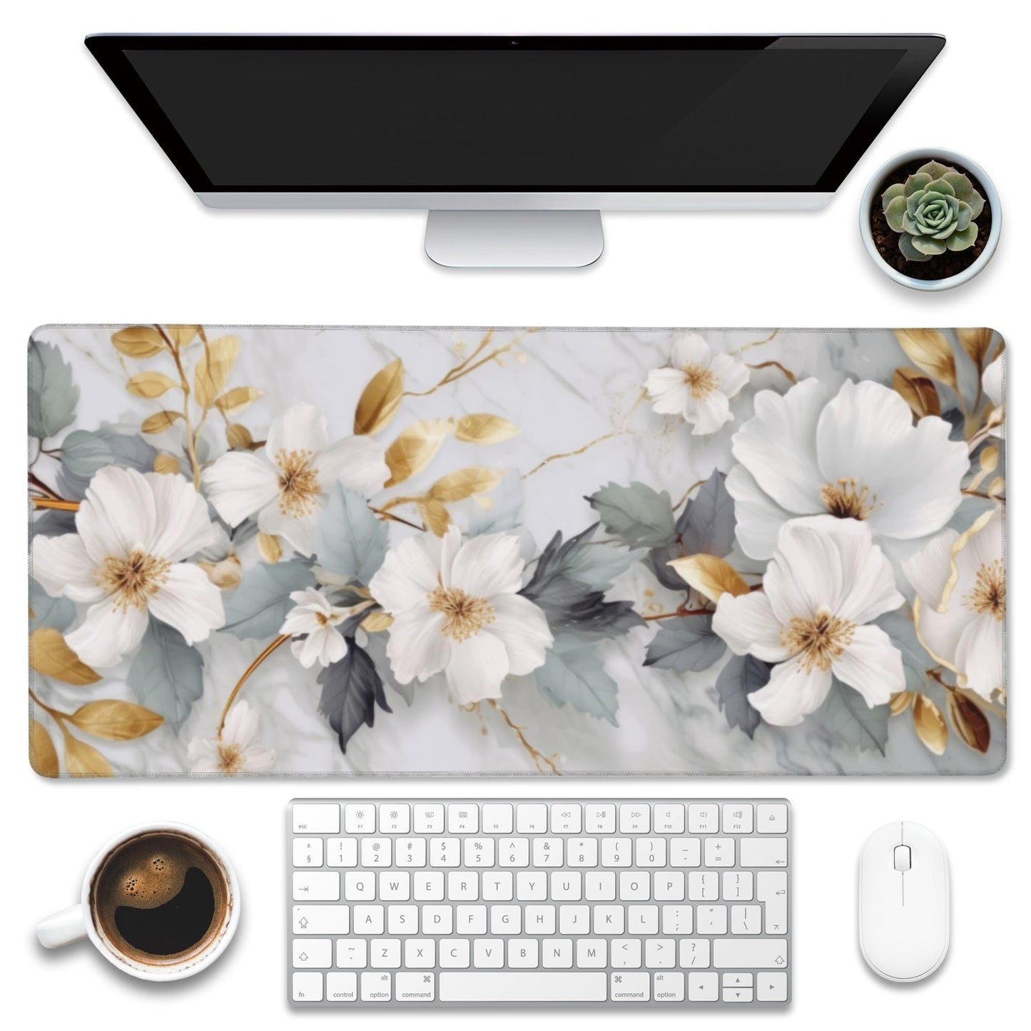 Eflxamz Desk Mat,White Gold Marble Desk Pad,White Flowers Golden Leaves Large Gaming Mouse Pad for Desk,Extended Big Computer Keyboard Mouse Pad with Non-Slip Base and Stitched Edge,35.4"x15.7"