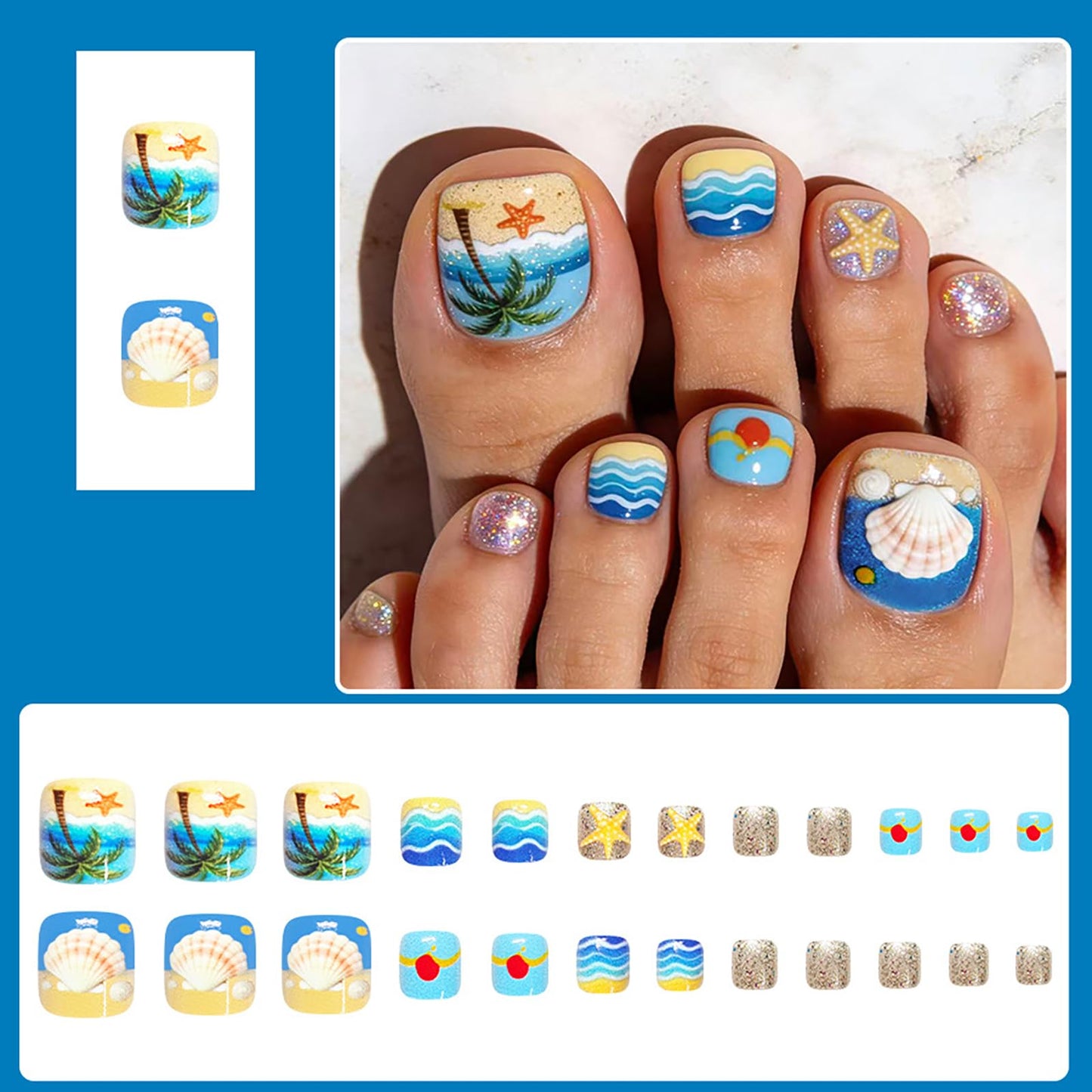 24Pcs Summer Press on Toenails,Short Square Fake Toenails with Coconut Trees Shells Glitter Designs Starfish Wave Beach Toe Nail Press Ons Acrylic Glossy Stick on Toe Nails for Women Girls