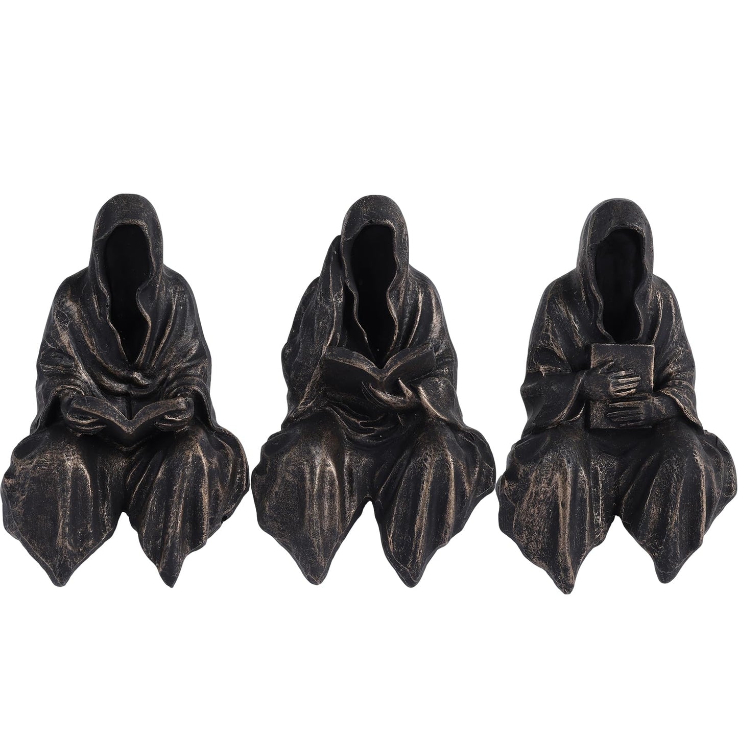 2.95" Mini Reading Statue Bookshelf Figure Set of 3,Gothic Grim Reaper Statue,Mystery Reading Figurines Sitting Sculpture for Bookshelf Decor Fantasy,Halloween Trinkets Dark Academia Decor Aesthetic