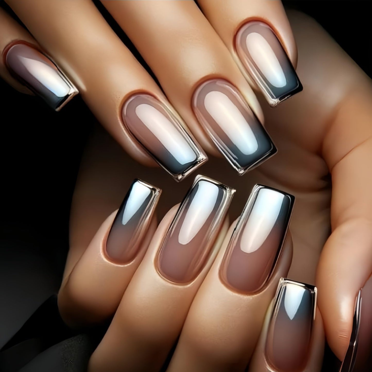 Blue Ombre Press on Nails Medium Square Fake Nails Chrome Mirror False Nails Press ons with Designs Glossy Shiny Gradient Full Cover Glue on Acrylic Nails for Women Nail Decoration 24Pcs