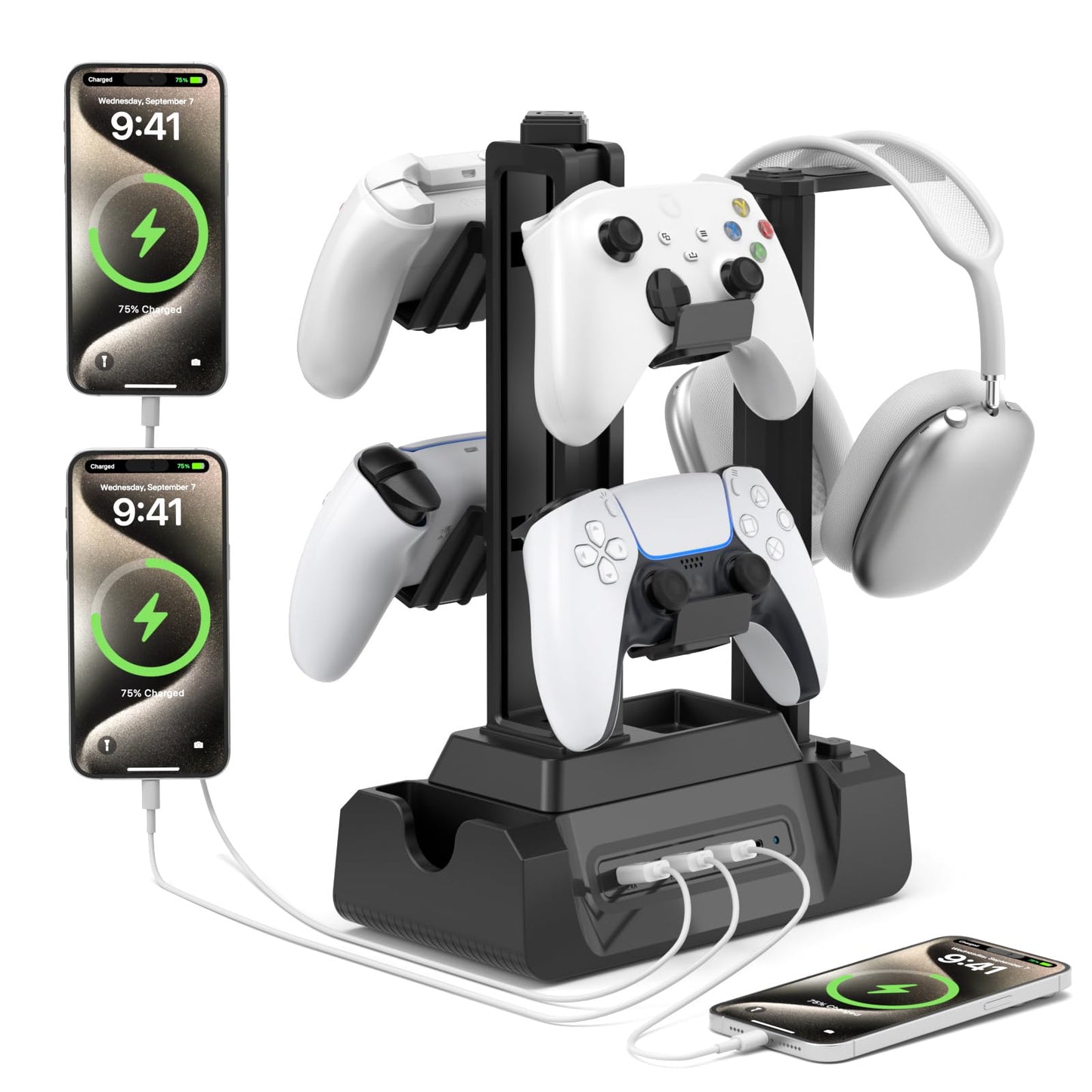 KDD Charging Station for Multiple Devices - 4 Ports Charging Dock with Controller and Headset Stand - 3 USB A & 1 USB C for Cellphone Tablet and Other Electronic - Multi Storage for Gaming Accessories