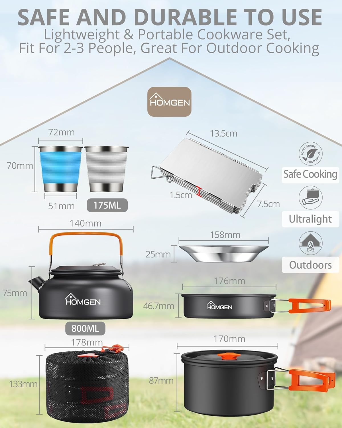 HOMGEN Portable Camping Cooking Set with Folding Windscreen-Lightweight Aluminum Camp Pots and Pan-800ml Teapot- 2 Cups & Plates- Complete Camping Mess Kit for Hiking Picnic Camping RV Trevel Trip