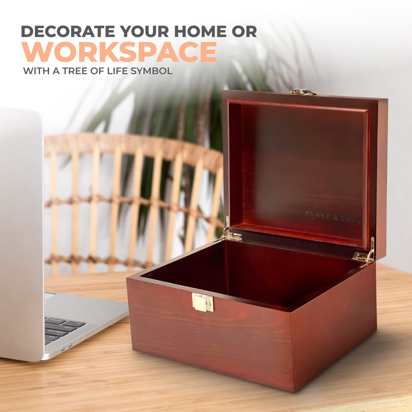 Blake & Lake Tree of Life Large Wooden Decorative Box - Wooden Keepsake Box with Hinged Lid and Metal Latch Wood Storage Boxes with Lid Engraved Design (Dark Pine Wood)