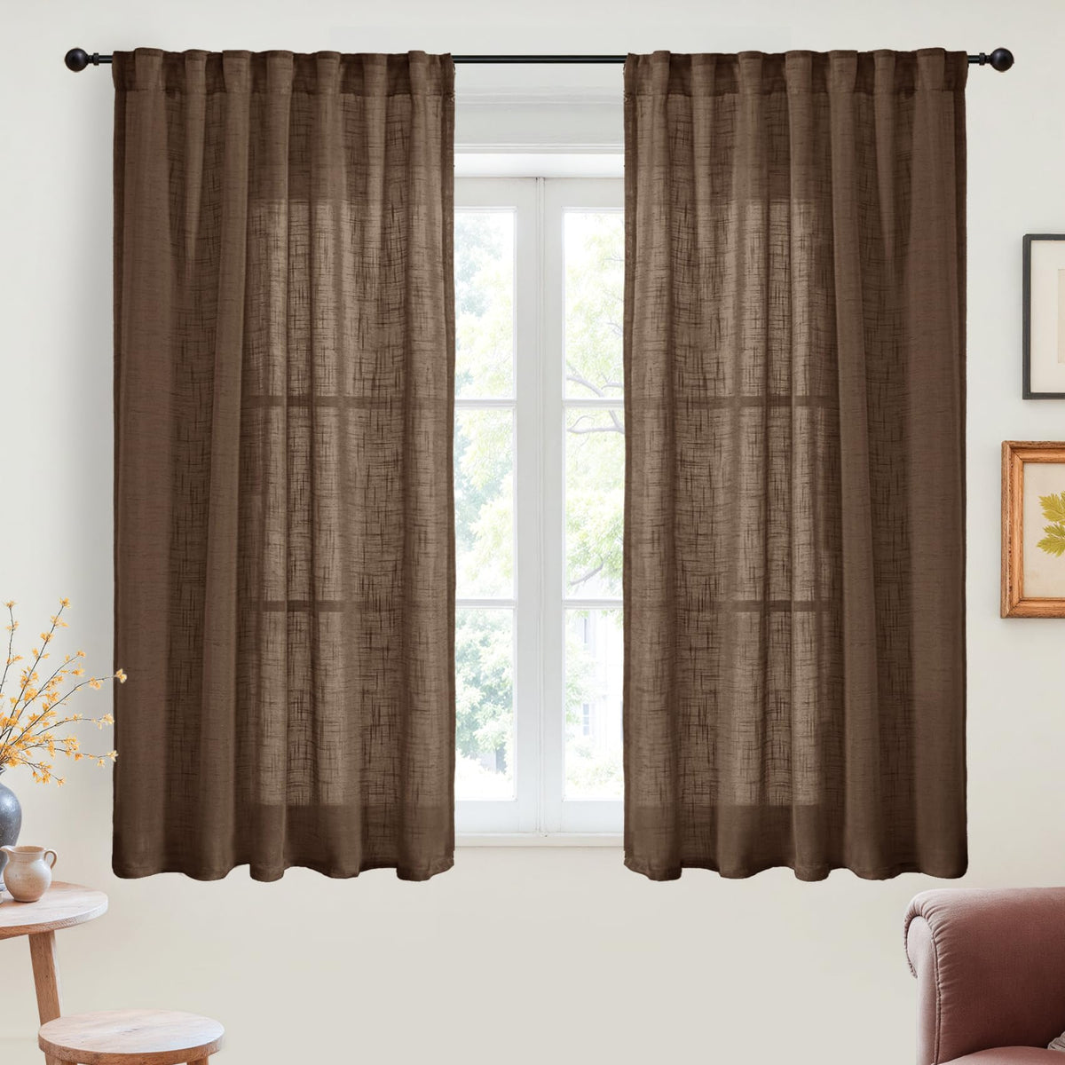 Brown Linen Semi Sheer Curtains 45 Inches Long 2 Panels (2 Count)