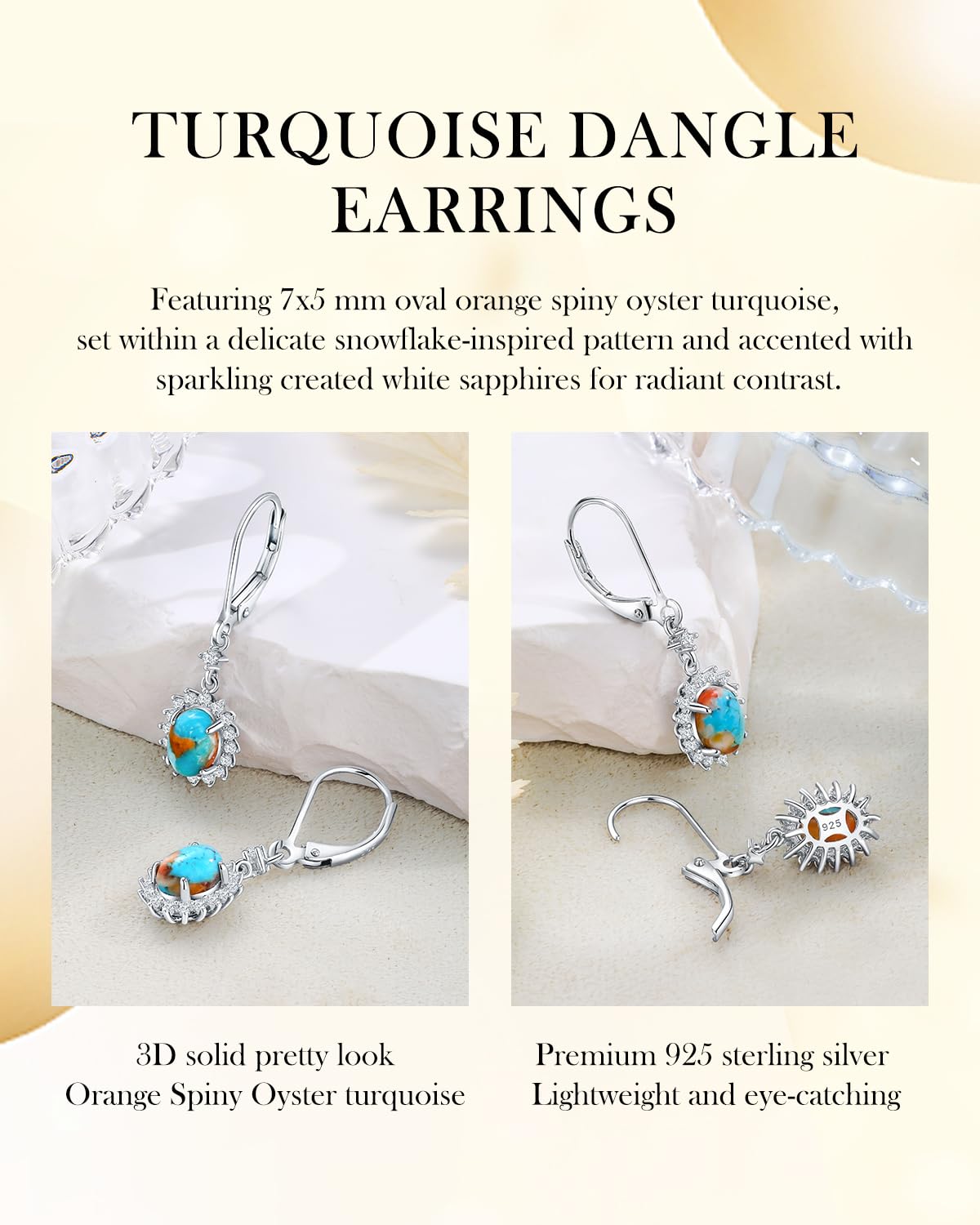 AIBAO Orange Turquoise Dangle Earrings Western Jewelry for Women Oval Cut Gemstone Snowflake Dangling Earrings Sterling Silver Turquoise Earrings