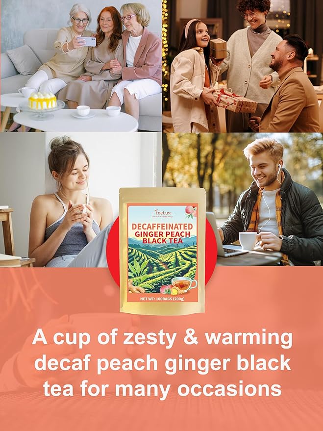 TeeLux Decaf Peach Ginger Black Tea, Decaffeinated Black Tea Flavored with Spicy Ginger & Peach Flavor, Smooth & Full-Bodied, 100 Count