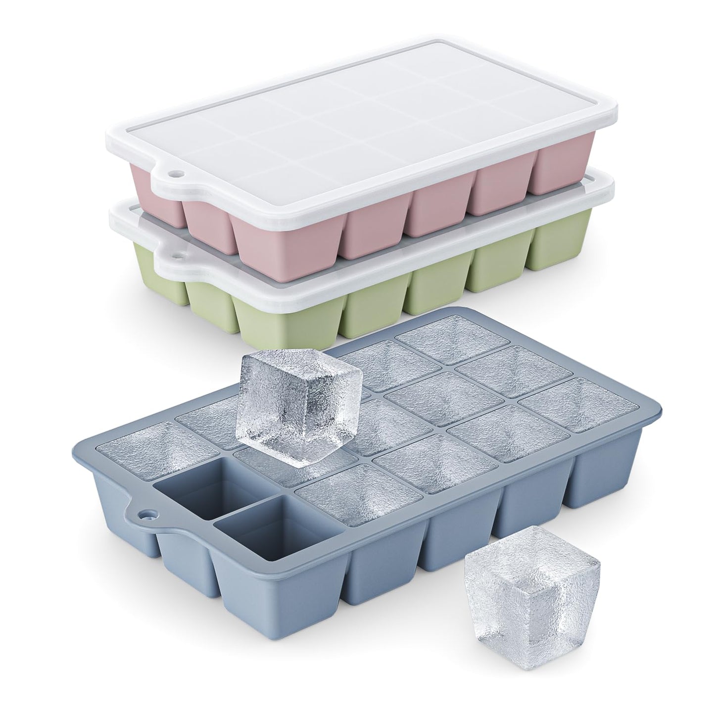 Silicone Ice Cube Tray 3 Pack - EASY RELEASE ice cube tray with lid, BPA Free Ice Cubes Trays for Freezer,ice cube mold for Cocktail,Whiskey (Blue+Pink+Green)