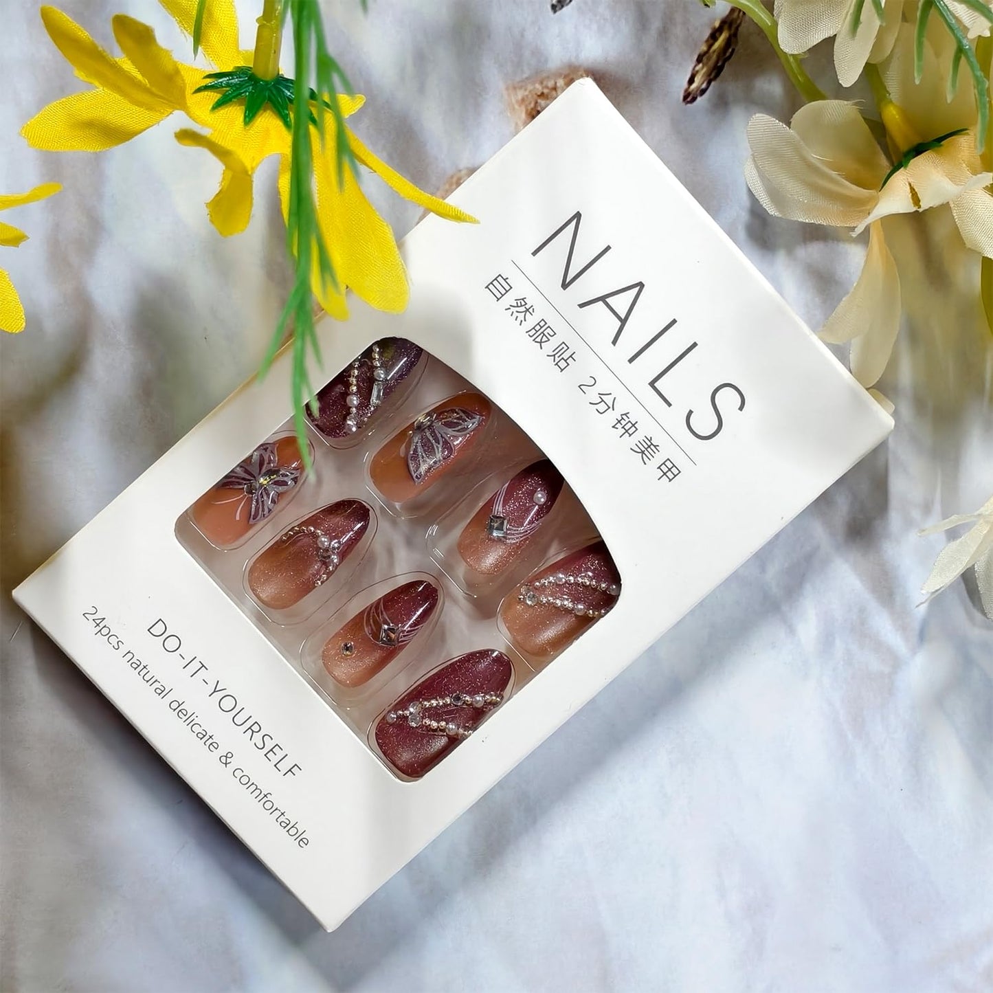 TBRZTR Press on Nails Medium Artificial Almond Acrylic False Nails 3D Butterfly with Rhinestones Pearl Glitter Stick on Nail Full Cover Reusable Coffin Artificial Fingernails for Women Manicure 24Pcs