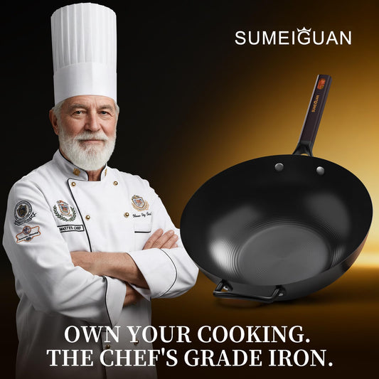 SUMEIGUAN 13.5" Carbon Steel Wok Pan - Pre-Seasoned Flat Bottom Woks & Stir-fry Pans Chinese Cookware with Lid & Spatula - For Pan-fry,Stir Fry, Steam, BBQ & Camping - Compatible with Induction, Gas