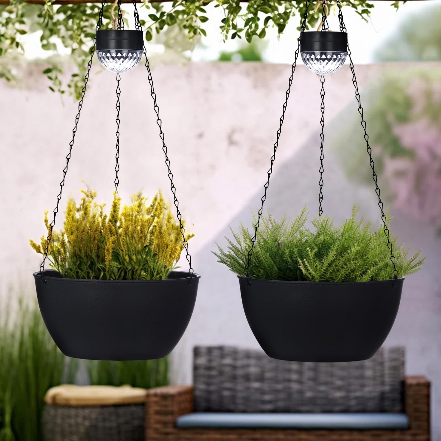 SUNNYPARK 2 Packs Hanging Planters Basket for Outdoor Plants, Solar Powered Self Watering Black Round Plastic Flower Pots with Drainer for Balcony Patio Garden Outdoor Decoration