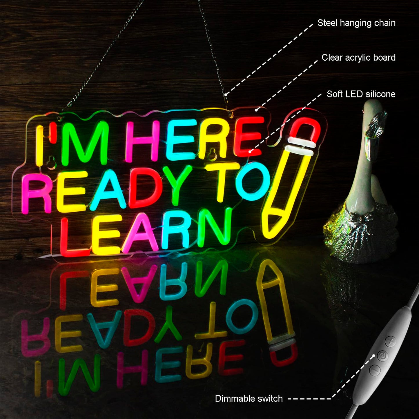 Ready To Learn and Pencil Neon Signs for Wall Decor, LED Neon light, Dimmable USB Powered, for Clarssroom Home Bedroom Man Cave,Gift for Boys,16.8 * 8.1 Inch