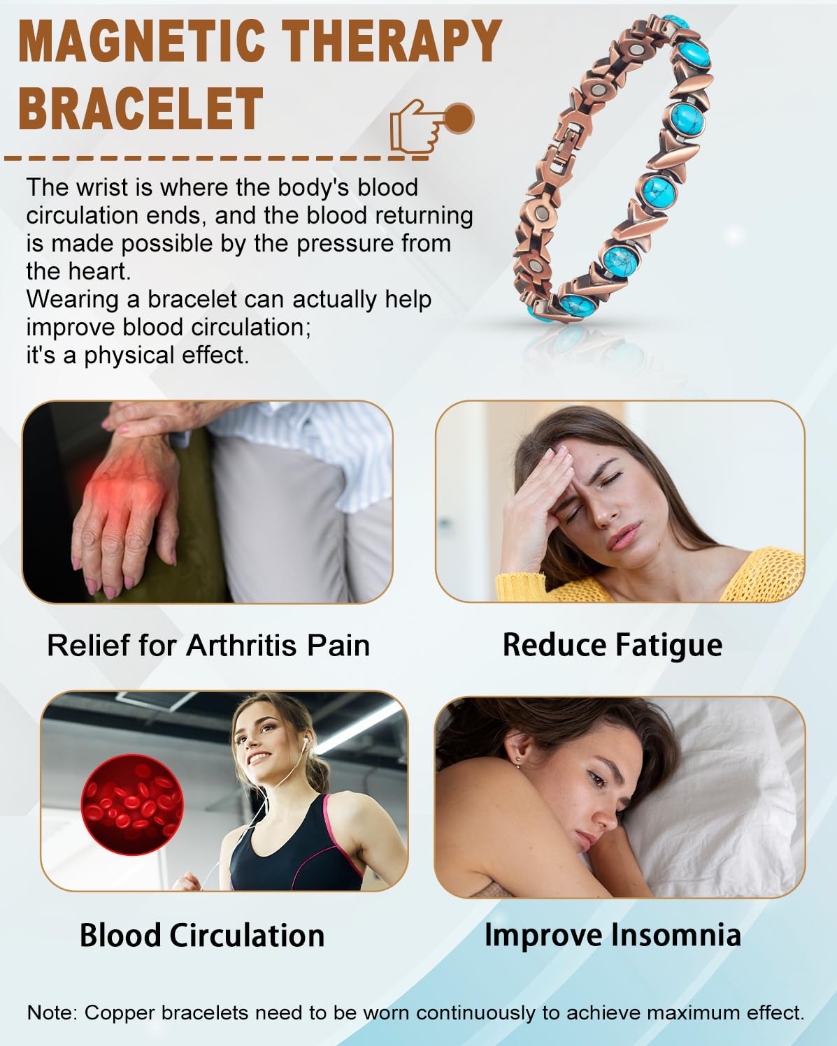 EnerCoppeX Copper Magnetic Bracelet for Women - Turquoize Detox Jewelry with 3500 Gauss Magnet (P)