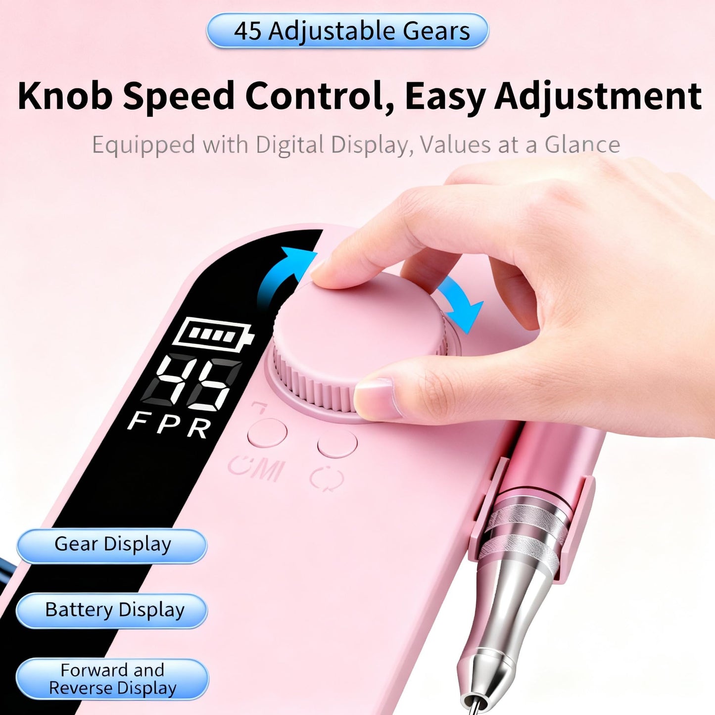 Electric Nail Drill 40000 RPM, Portable Rechargeable E-File Kit with 2400mAh Battery, LCD Display, 6 Bits & Sanding Bands for Acrylic/Gel Nails - Professional Manicure Pedicure Tool for Salon/Home