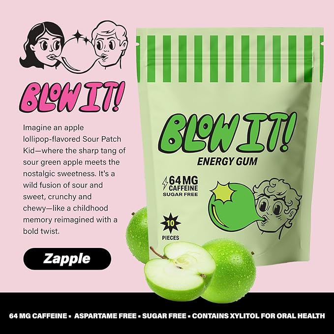 Blow It - Caffeinated Xylitol Gum - Intensified Energy and Focus Boost Effect - Green Coffee Bean Infused Sugar Free Gum - Zapple Flavor - 3-Pack (30 Pieces)