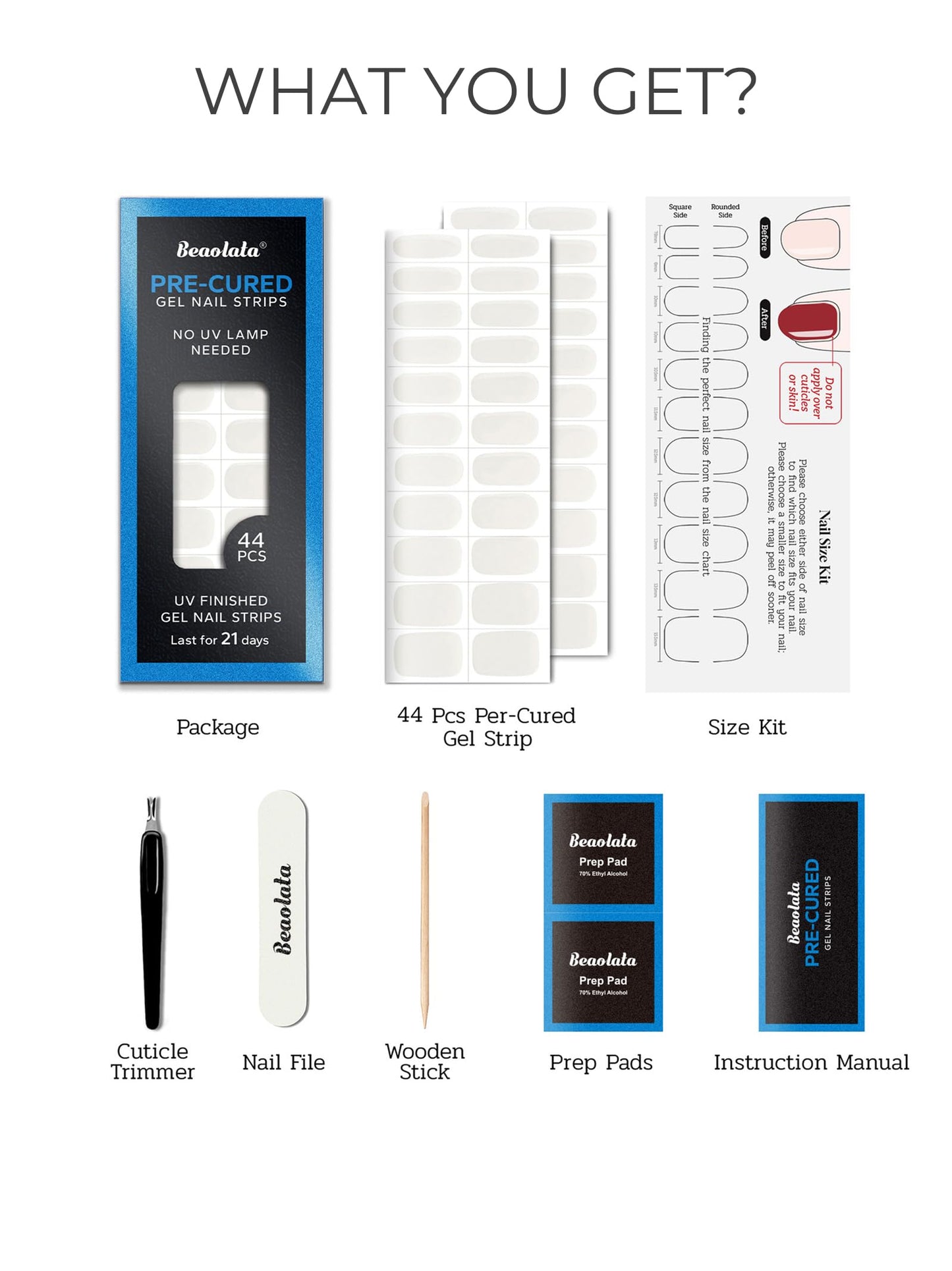 Beaolata Real Gel Nail Strips (No UV Light Needed) - 44Pcs Salon Quality Nail Stickers - Long Lasting Polish Wraps for Women, Easy Apply & Remove (Angel Kiss White)