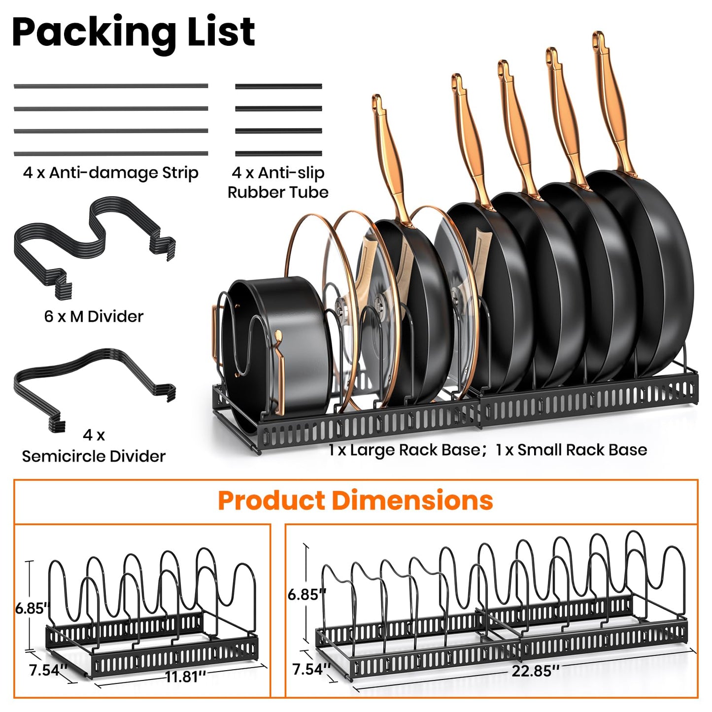 MUDEELA Pots and Pans Organizer Rack for under Cabinet, Expandable 11.81''-22.85'' Pot Lid Kitchen Cabinet Organizer Holder with 10 Adjustable Compartment Cutting Board Organizer for Pan Lid, Bakeware