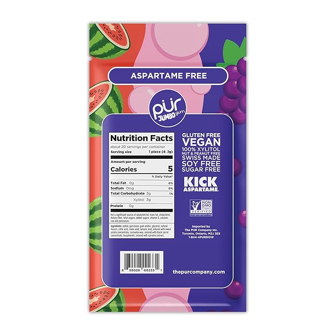 PUR Jumbo Gum | Aspartame Free Chewing Gum | 100% Xylitol | Natural Bubblegum, Grape, Watermelon Flavor, 20 Pieces (Pack of 1)